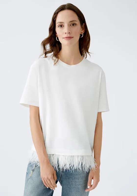 Oui Feather Hem T Shirt, White-- Zippered Front Buttoned Front Snap Front