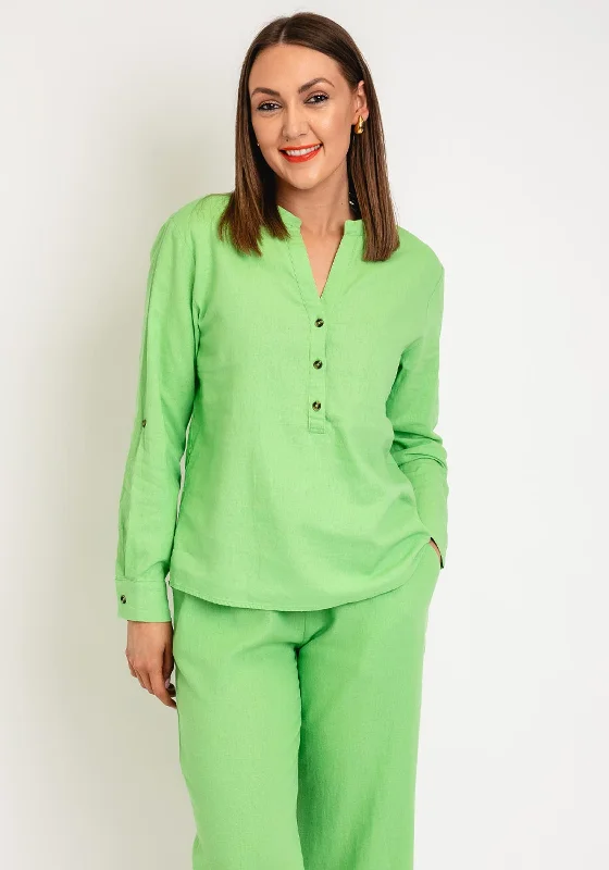 Freequent Lava V Neck Linen Shirt, Bud Green-- Ribbed Striped Patterned