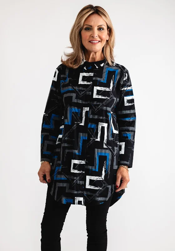 Ever Sassy Geometric Print Longline Shirt, Black-- Houndstooth Herringbone Solid