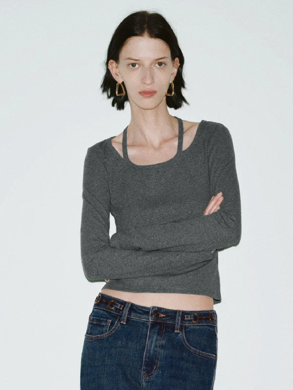 2 In 1 Skinny T-Shirts-- Mesh Blend Leather Blend Suede Blend