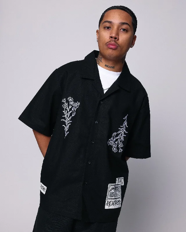 Loiter Witness Button Up T-Shirt Black-- Houndstooth Herringbone Solid