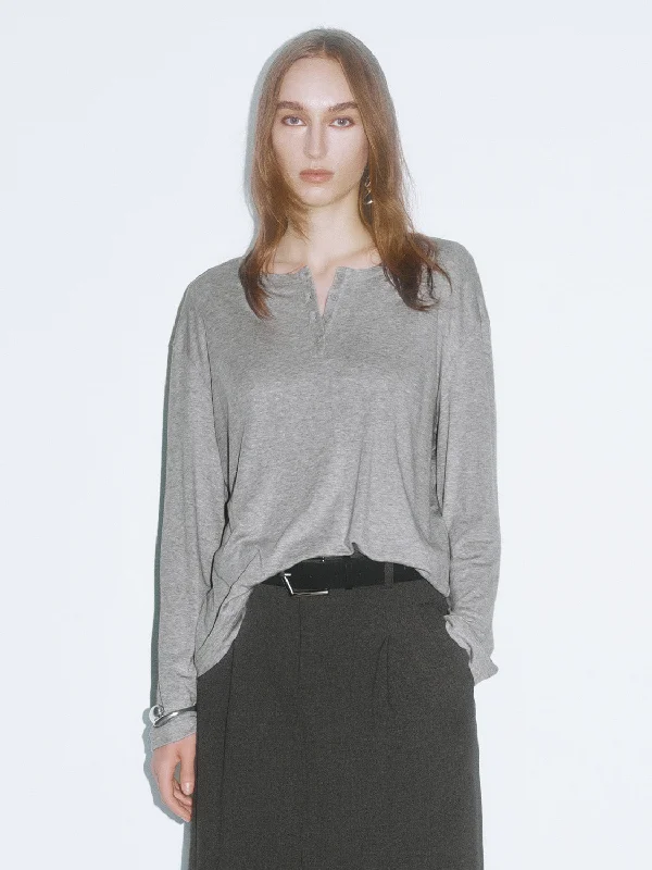 Button Half Placket Loose T-Shirts-- Real Fur Shearling Chenille