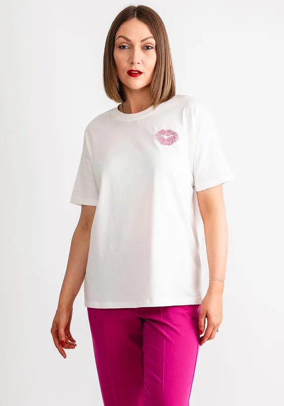 Kaffe Fie Lips Embroidered T-Shirt, White-- Fitted T-Shirt Seamless Stretchy