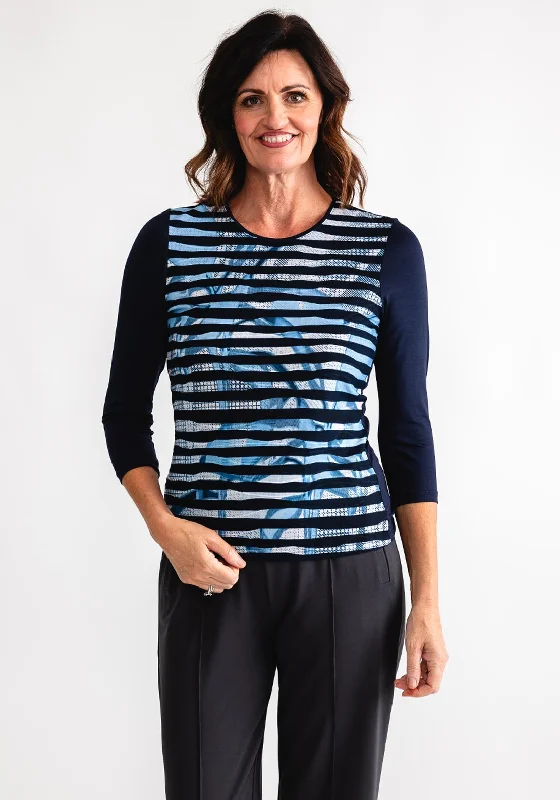 Barbara Lebek Wavy Panel Print T-Shirt, Navy Multi-- Hooded Caped Shawl Collar