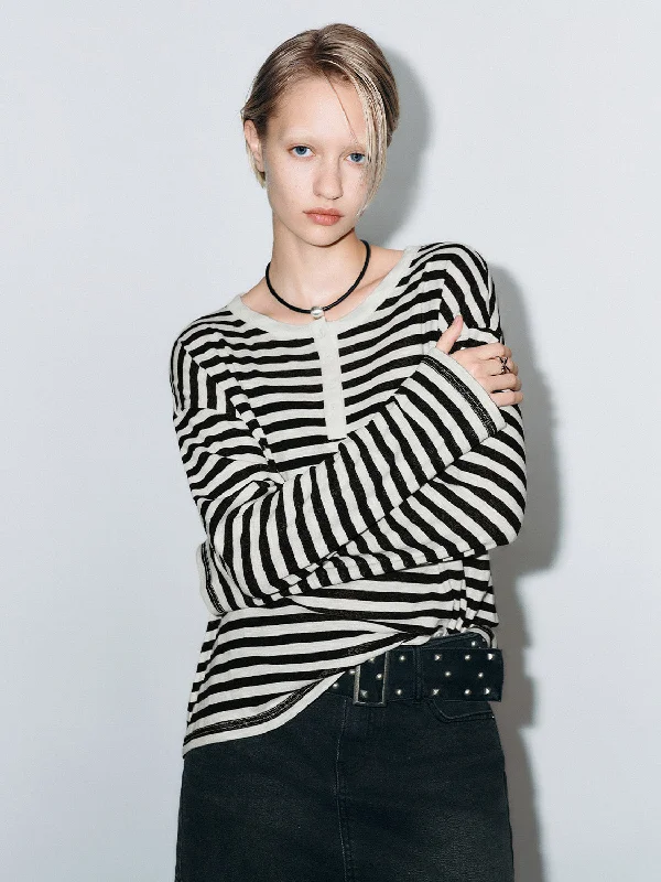 Striped Button Half Placket Loose T-Shirts-- Anti-Shrink Durable Soft