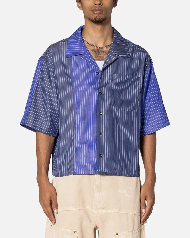MNML Cropped Panel Stripe Shirt Blue-- Zippered Front Buttoned Front Snap Front