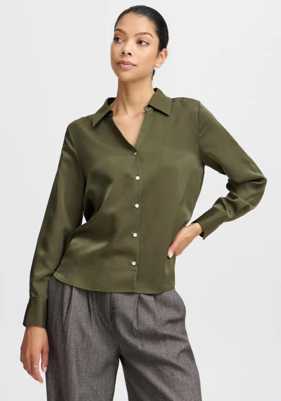 B.Young Dolora Satin V Neck Shirt, Olive Green-- Rayon Fabric Velvet Fabric Corduroy Fabric