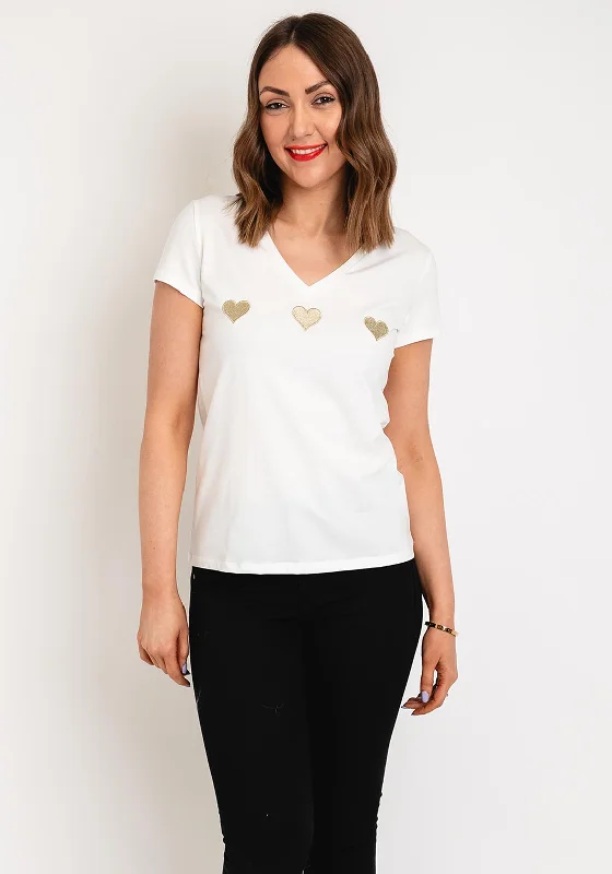 Serafina Collection V-Neck Heart Motif T-Shirt, White-- Anti-Pilling Machine Wash Handmade Serafina Collection V-Neck Heart Motif T-Shirt, White-- Anti-Pilling Machine Wash Handmade
