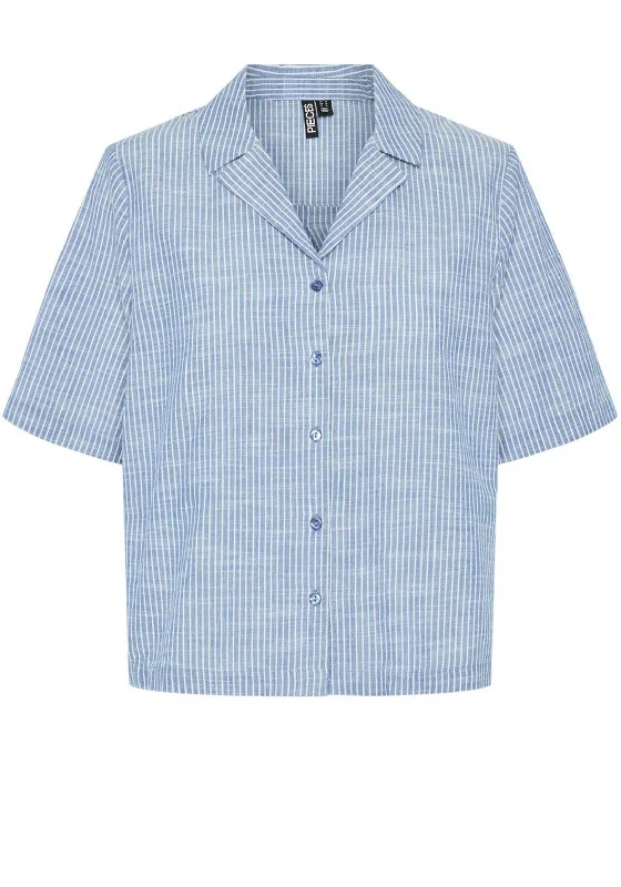 Pieces Apia Short Sleeve Linen Shirt, Nautical Blue-- Cozy Warm Stylish