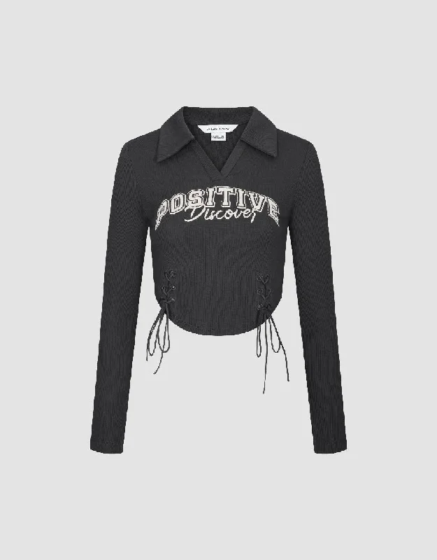 Letter Printed Lace Up Straight T-Shirt-- Welt Pockets Slit Pockets