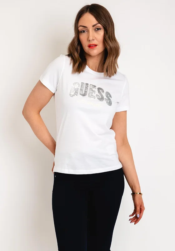 Guess Sequin Logo T-Shirt, White-- Fitted T-Shirt Seamless Stretchy
