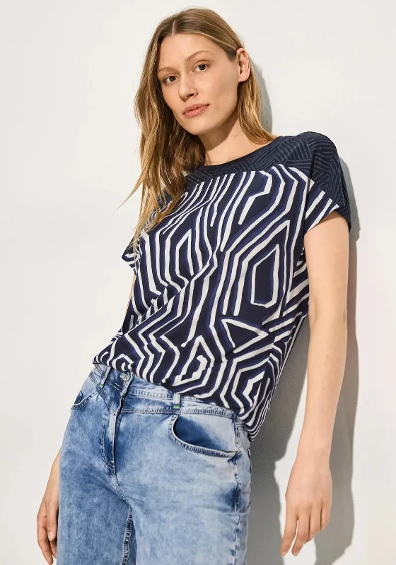 Cecil Contrast Geometric Print T-Shirt, Navy & White-- Handmade Hand-knitted Hand-woven