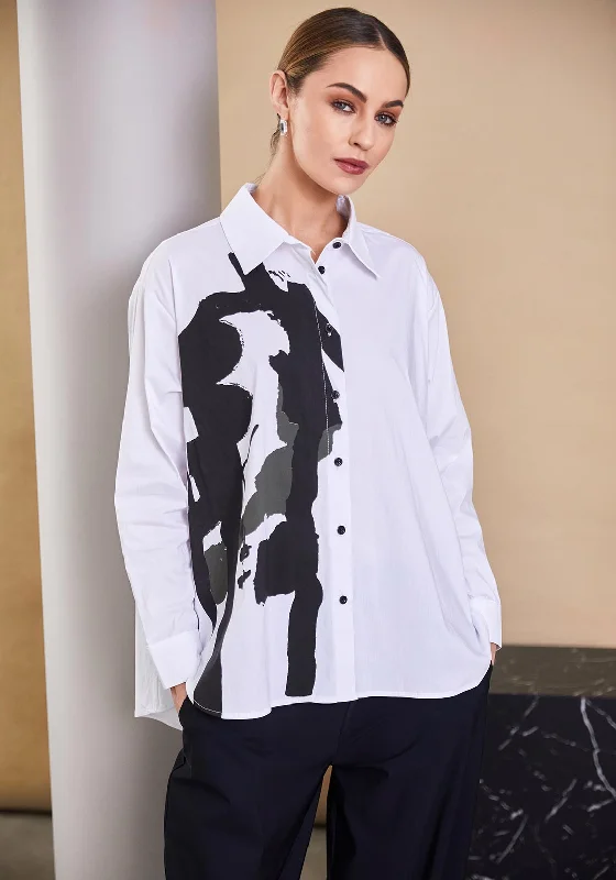 Naya Side Print Oversized Shirt, White-- Welt Pockets Slit Pockets