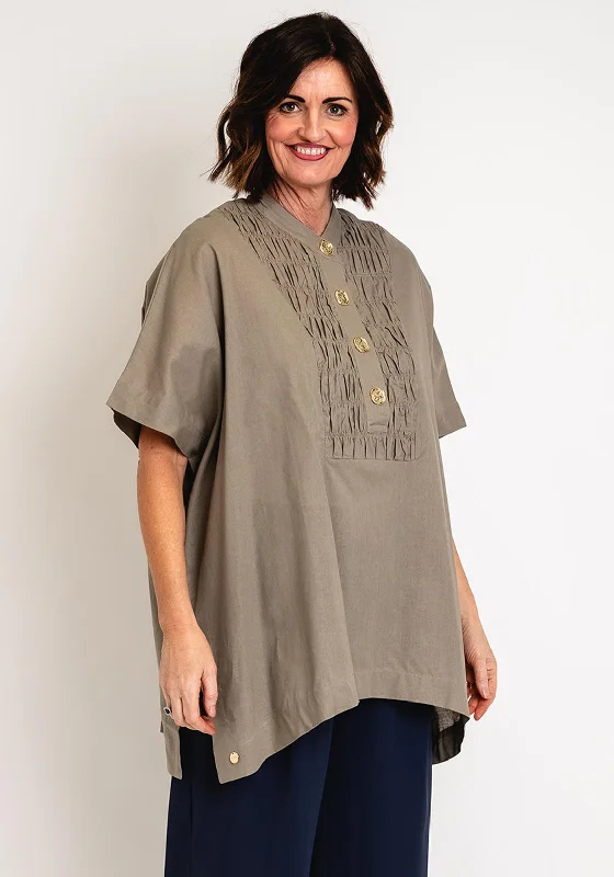 Malissa J One Size Ruched Linen Shirt, Mushroom-- Print Jacquard Patchwork
