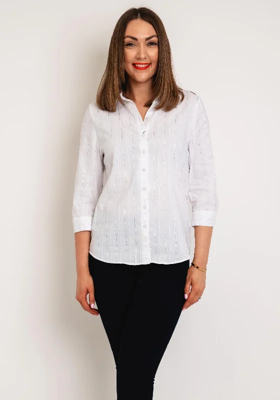 Erfo Metallic Striped Shirt, White-- Graphic T-Shirt Round Neck Polyester