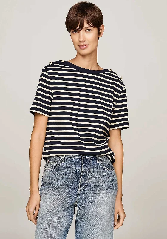 Tommy Hilfiger Button Detail Striped T Shirt, Navy-- Striped Floral Plaid