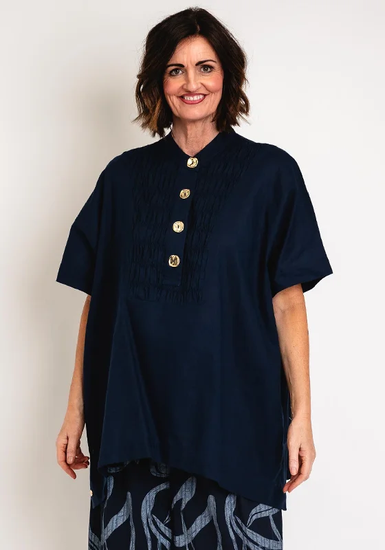Malissa J One Size Ruched Linen Shirt, Navy-- Houndstooth Herringbone Solid