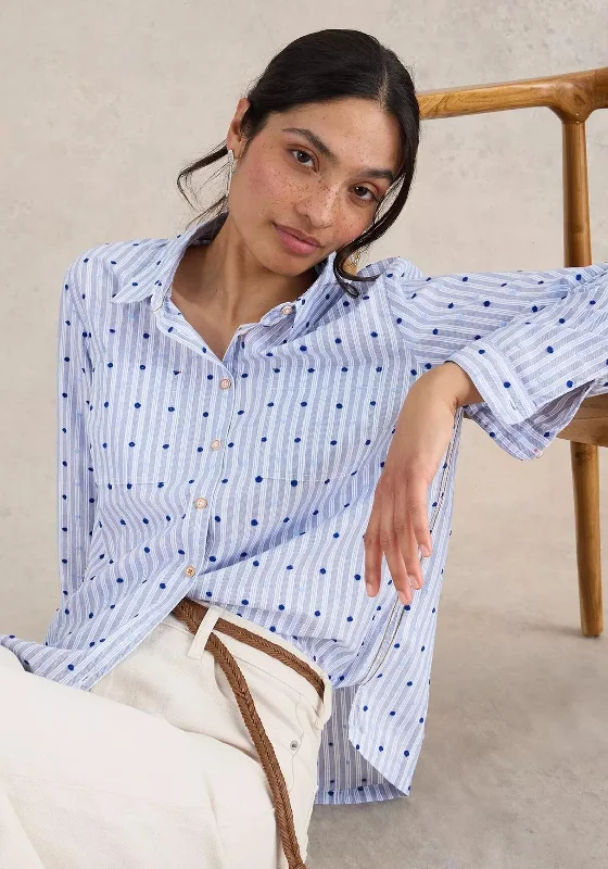 White Stuff Sophie Stripe Polka Dot Shirt, Blue-- Boxy Fit Fitted Loose