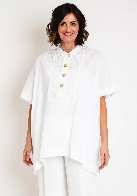 Malissa J One Size Ruched Linen Shirt, White-- Striped Floral Plaid
