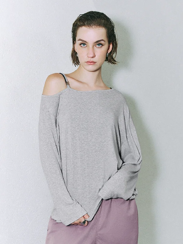 Cold Shoulder Loose T-Shirts-- Zippered Buttoned Snapped