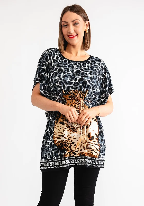 Serafina Collection Leopard Print Embellished T Shirt, Grey-- Cozy Warm Stylish