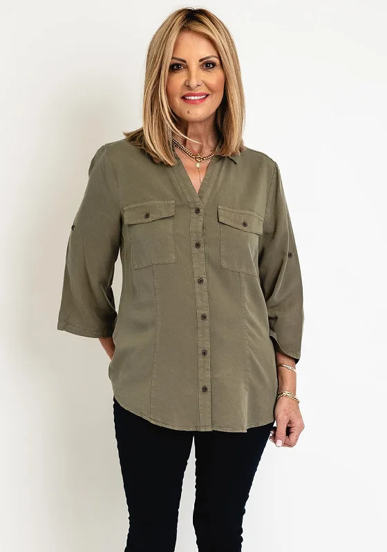 FREEQUENT Three Quarter Sleeve Denim Shirt, Dusty Olive-- V-Neck T-Shirt Long Sleeve Cotton FREEQUENT Three Quarter Sleeve Denim Shirt, Dusty Olive-- V-Neck T-Shirt Long Sleeve Cotton