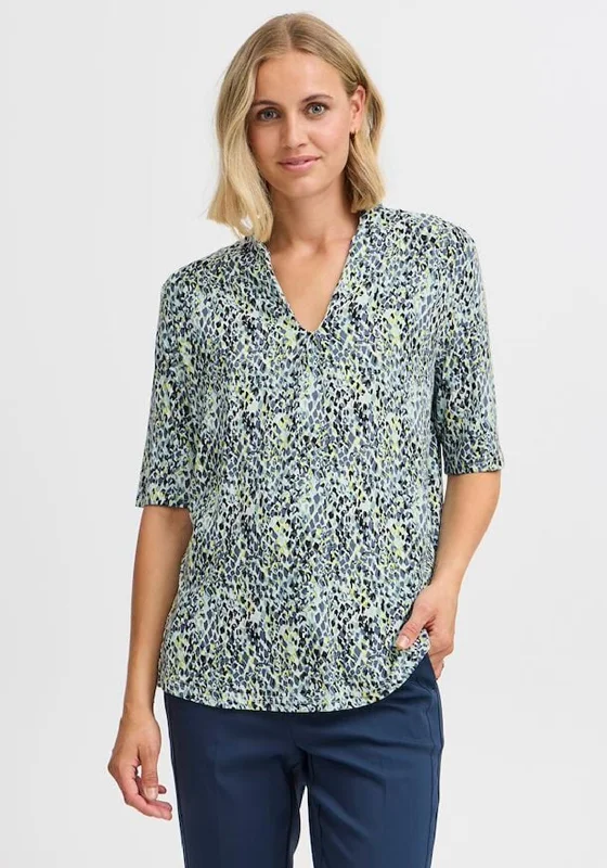 Fransa Flora Abstract Print T Shirt, Blue Multi-- Chenille Brocade Lace