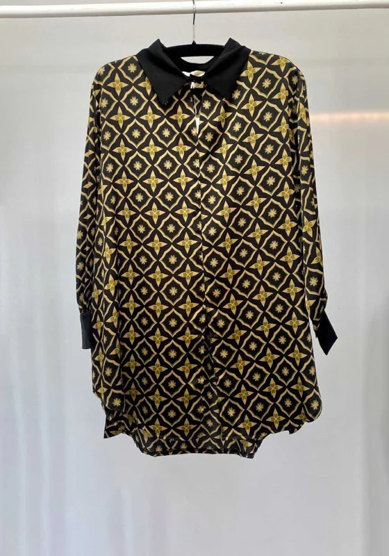Malissa J Geometric One Size Shirt, Black & Gold-- Spandex Blend Rayon Blend Denim Blend