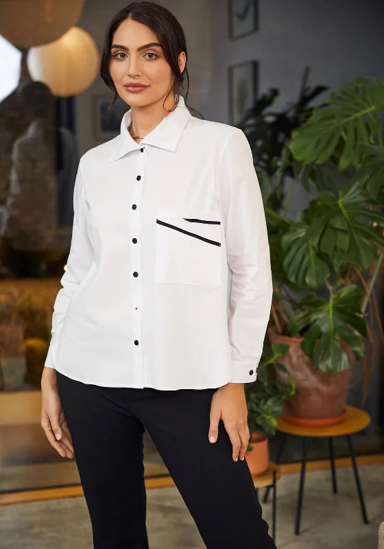 Ora Pocket Trim Shirt, White-- Asymmetrical Pockets Print