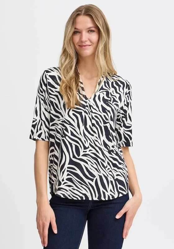 Fransa Flora Zebra Print T Shirt, Black and White-- Zippered Buttoned Snapped