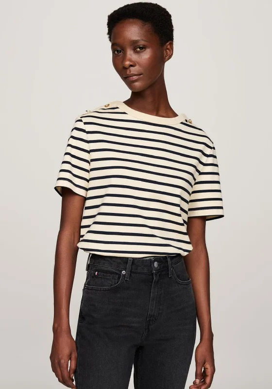 Tommy Hilfiger Womens Striped T-Shirt, Beige & Black-- Satin Blend Silk Blend Wool Blend