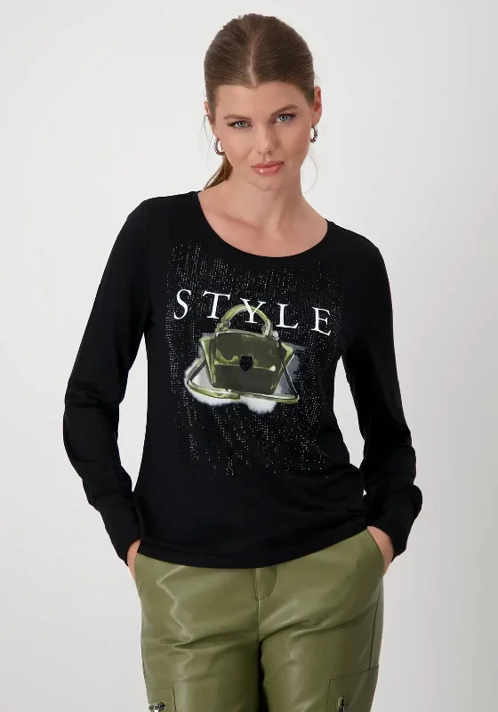 Monari Rhinestone Long Sleeve T-Shirt, Black-- Hooded Caped Shawl Collar