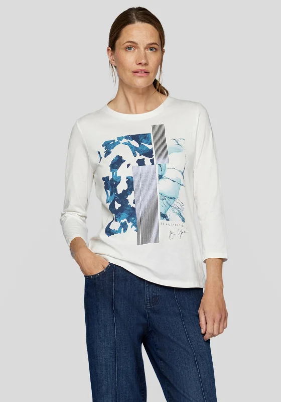 Rabe Print Three Quarter Sleeve T-Shirt, White Multi-- Front Pockets Side Pockets Patch Pockets