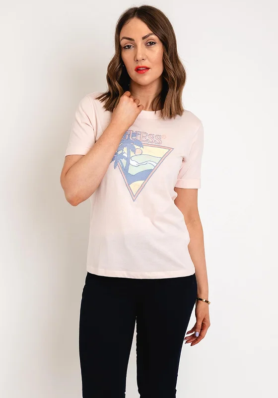 Guess Triangle Logo T-Shirt, Peach-- Ribbed T-Shirt High Neck Heavyweight