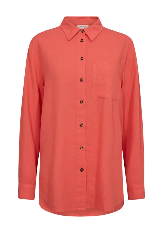 Freequent Lava Linen Shirt, Hot Coral-- Satin Blend Silk Blend Wool Blend