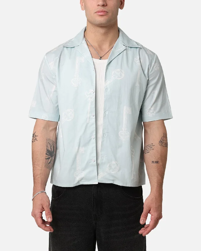 Saint Morta Skeleton Key Button Up Shirt Light Blue-- Striped Floral Plaid