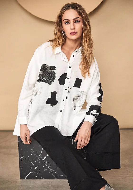 Naya Patch Print Oversized Shirt, White-- Zippered Front Buttoned Front Snap Front