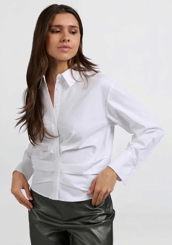 Yaya Ruched Button Up Shirt, White-- Notch Collar Peter Pan Collar Cowl Neck