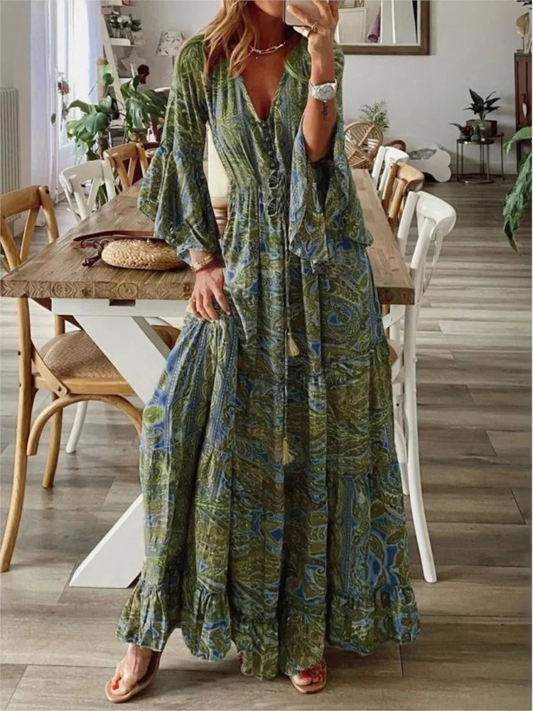 Floral Print Women's Hippy Dress, Bohemian Flare-Sleeves Long Dress Tunics Office stylish Floral Print Women's Hippy Dress, Bohemian Flare-Sleeves Long Dress Tunics Office stylish