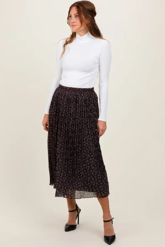 Navy Blue Floral Print Chiffon Pleated Midi Skirt chiffon skirt delicate