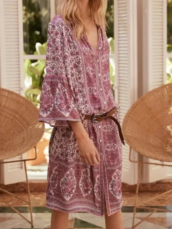 Bohemian Retro Print Split Holiday Casual Dress sweetheart Neckline Romantic