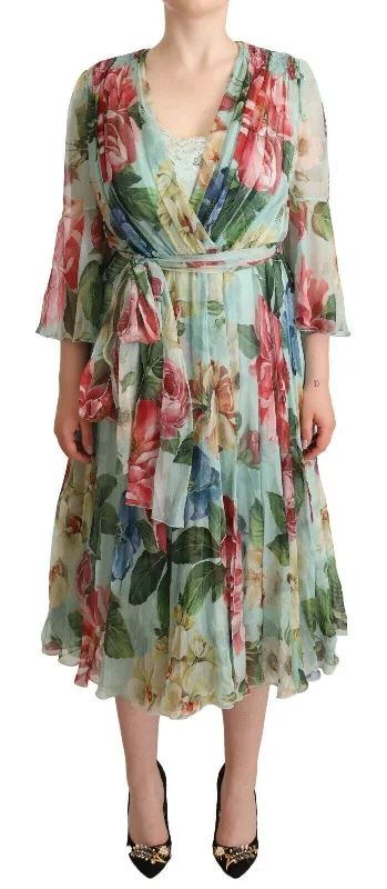 Dolce & Gabbana Elegant Floral Green Midi Silk Women's Dress Tunics Sophisticated sleek Dolce & Gabbana Elegant Floral Green Midi Silk Women's Dress Tunics Sophisticated sleek