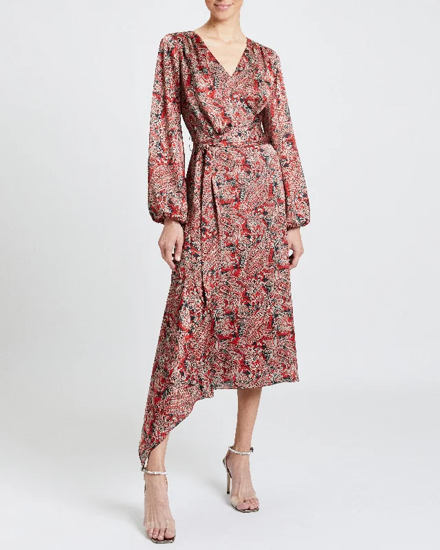VANNA Faux Wrap Midi Print Dress Turtleneck Warm Winter