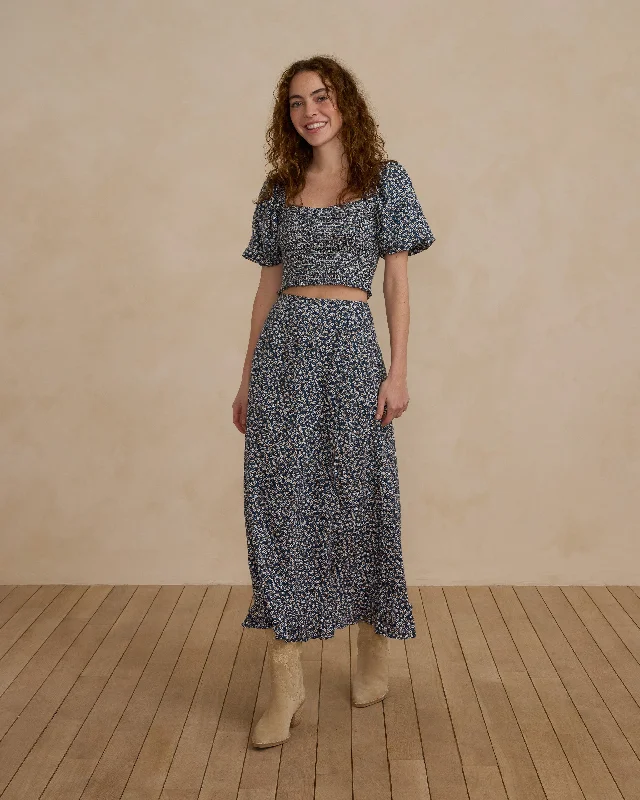 Rylee + Cru Womens Button Slit Skirt - Blue Floral silk skirt luxurious