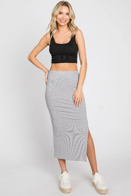 Heather Grey Ribbed Side Slit Midi Skirt boho skirt vibe