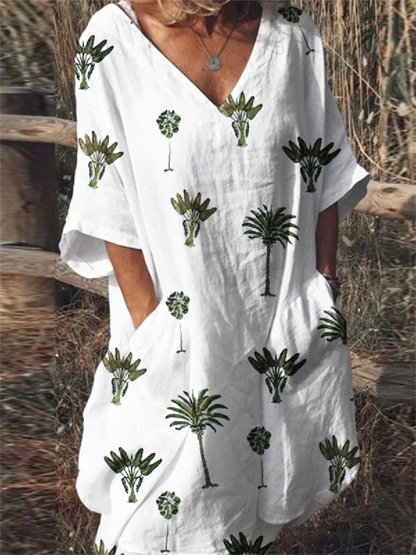 Summer Leaf Print Loose Women'S Dress Turtleneck Neckline Stylish