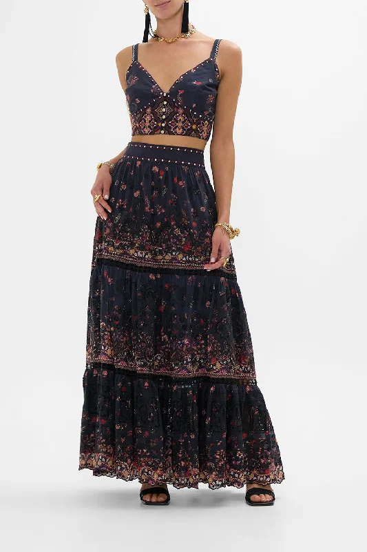 HIGH WAISTED EMBROIDERED TIERED SKIRT LOOM TO TOMB modal blend skirt