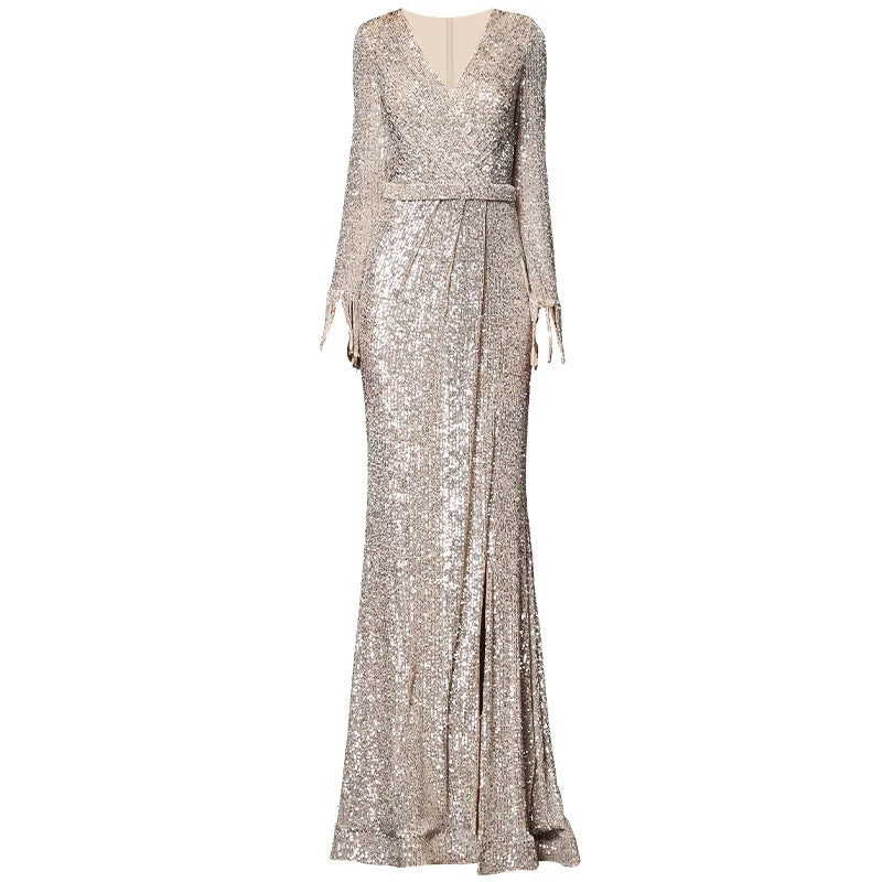 Vireous Sparkling Sequin Long Evening Dress Tunics Chinos classic