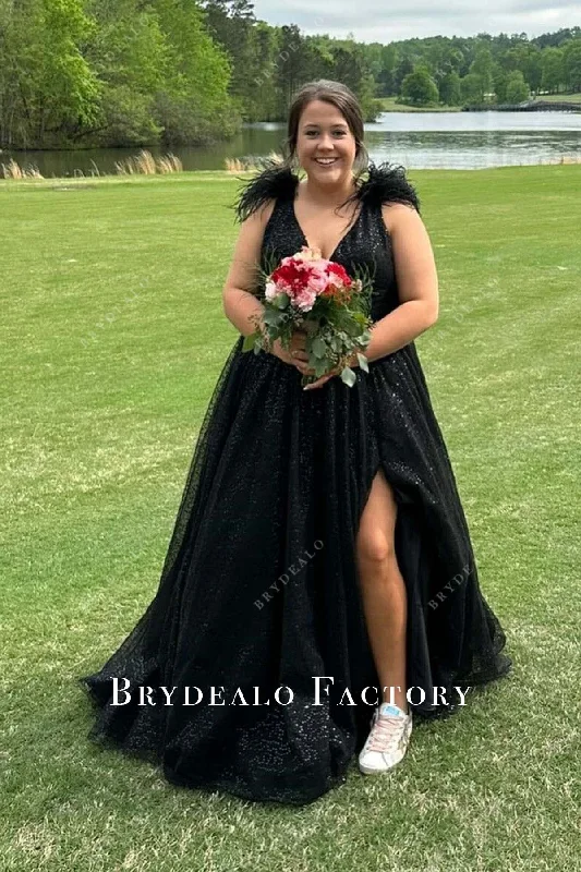 Plus Size Black Sequined Feathered Homecoming Dress Crew Neckline Casual