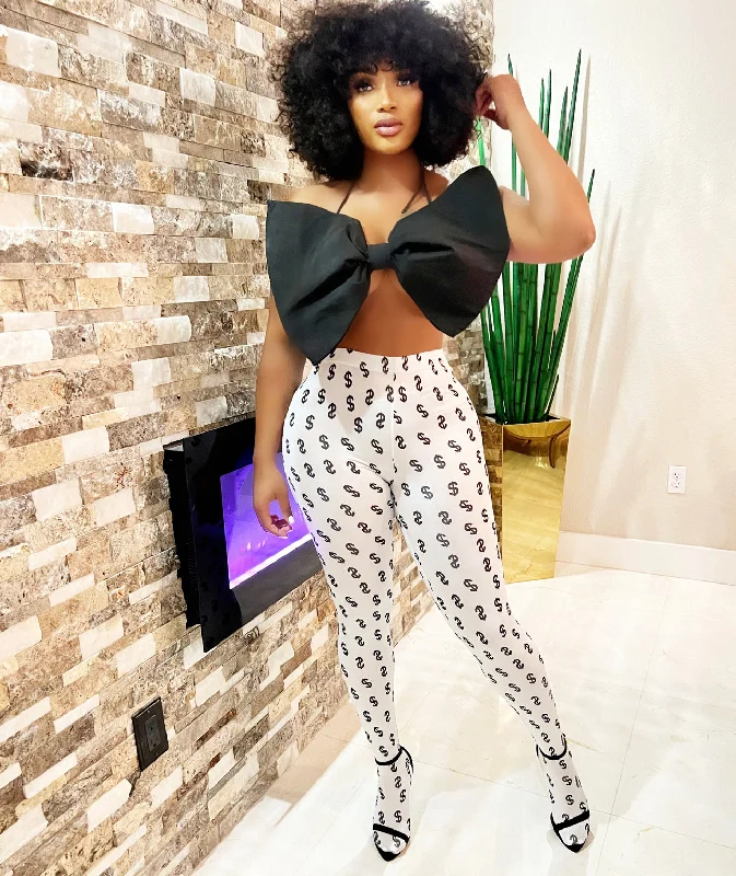 Dollar Sign Leggings in White/Black (80%) Fashionable Leather-Look Leggings